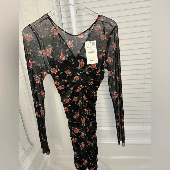 black dress with red flowers zara Zara Embroidered Floral Black Dress Size X-small